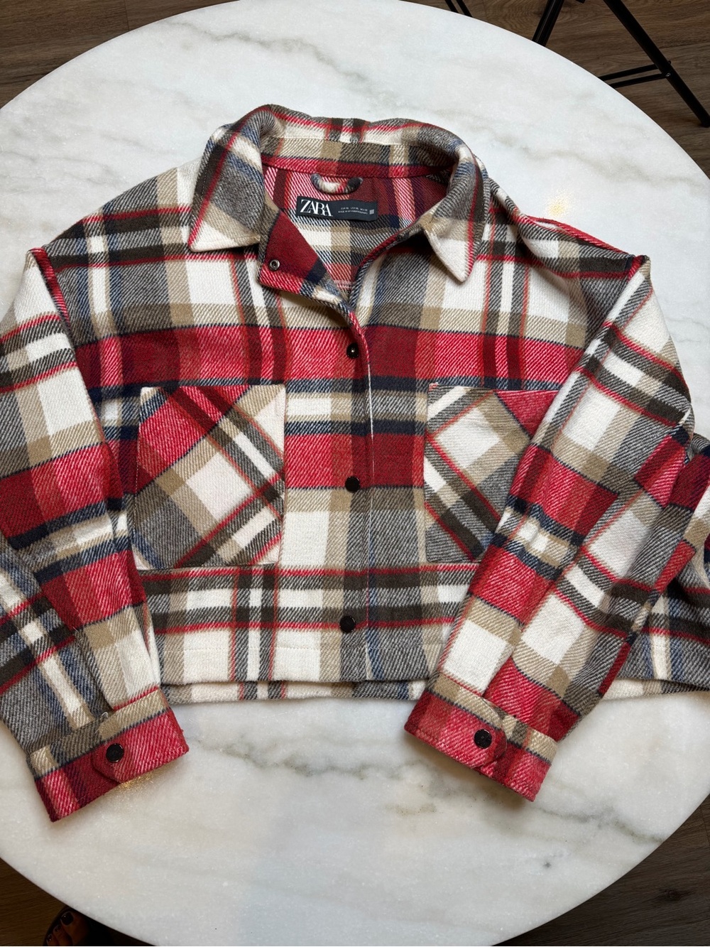 Zara Womens Red Cream Tan Plaid Cropped Shacket
